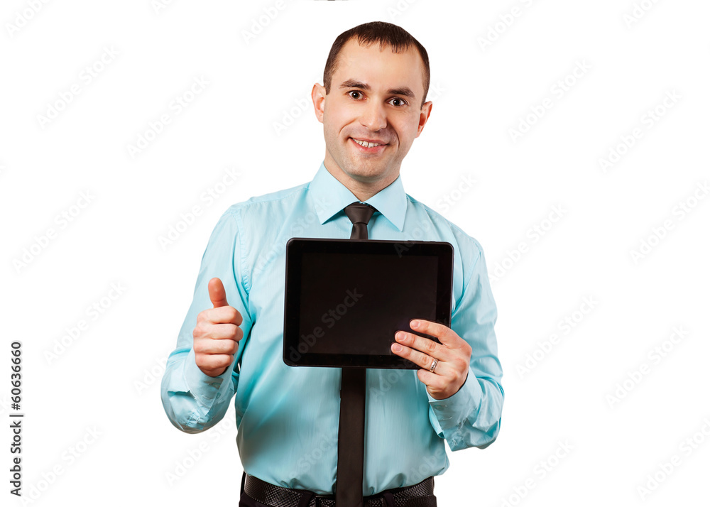 Happy Young Man Using Digital Tablet Isolated Happy Young Man Using Digital Tablet Isolated