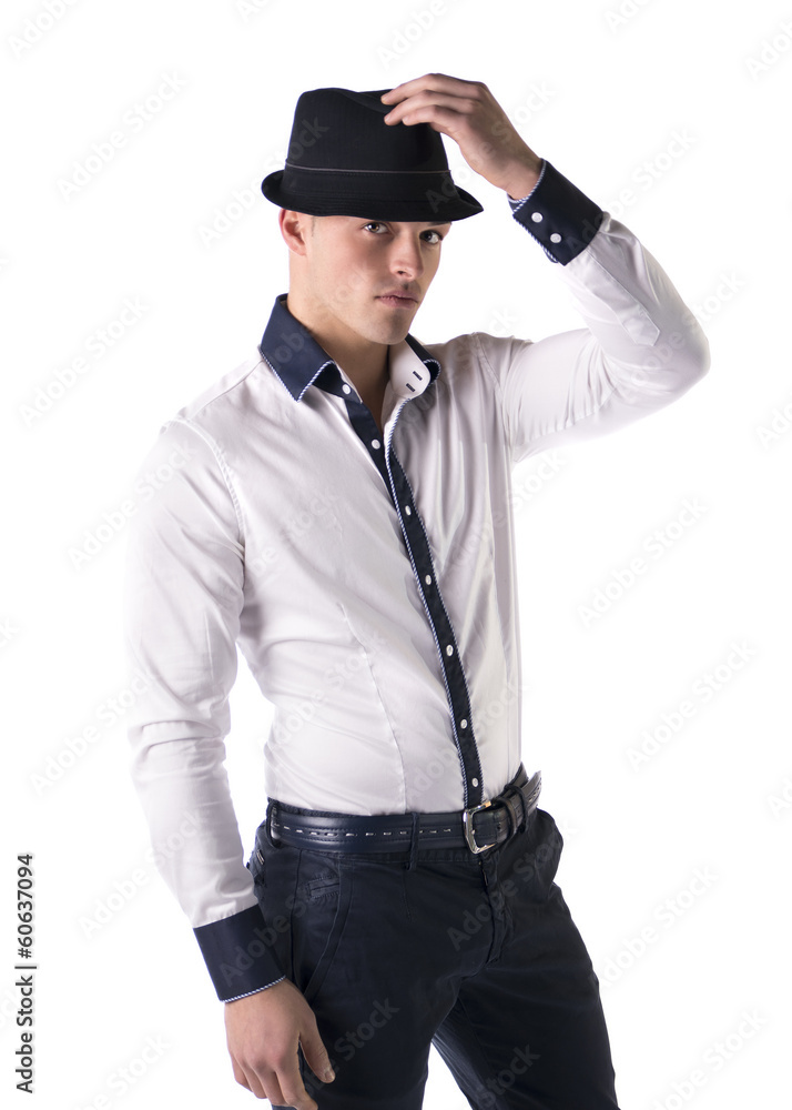 Attractive young man with fedora and white shirt Attractive young man with fedora and white shirt
