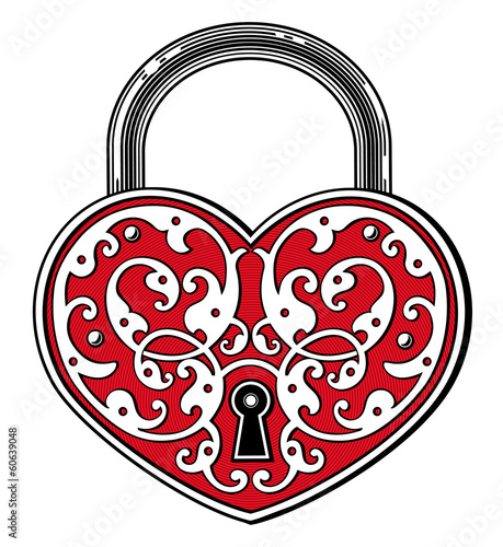 Heart shaped padlock in vintage engraved style