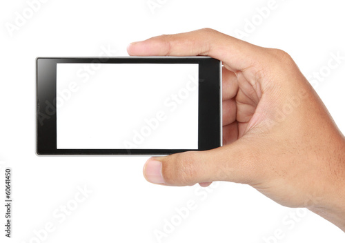 Hand holding mobile smart phone with blank screen
