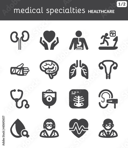 Medical specialties. Healthcare flat icons. Black