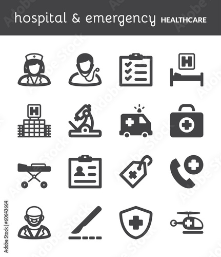 Hospital and emergency. Healthcare flat icons. Black