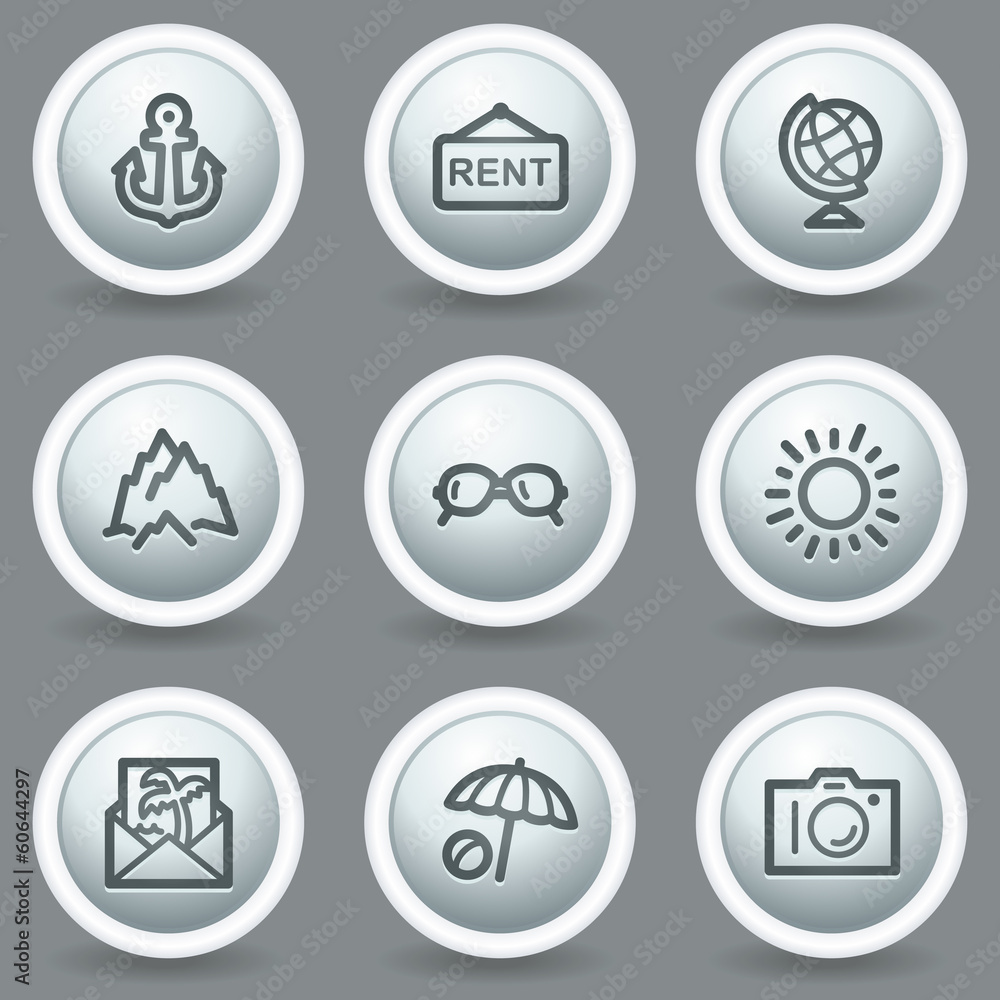 Travel web icons set 5, circle grey matt buttons