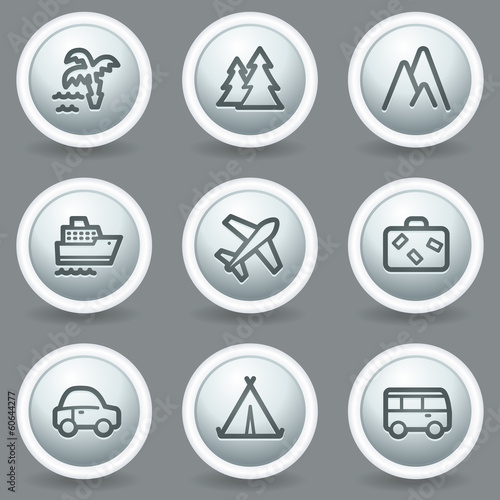 Travel web icons set 1, circle grey matt buttons
