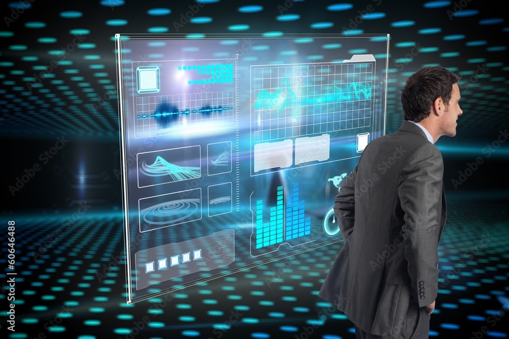 Composite image of smiling businessman with hands on hips Composite image of smiling businessman with hands on hips