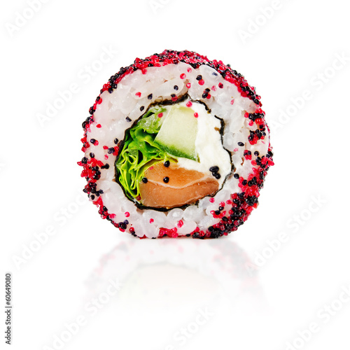 traditional fresh japanese sushi rolls on a white background