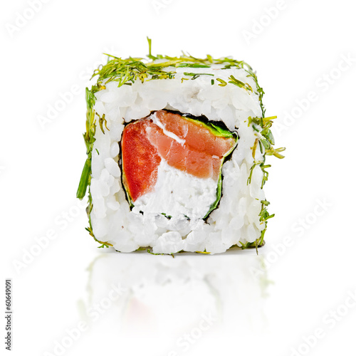 traditional fresh japanese sushi rolls on a white background