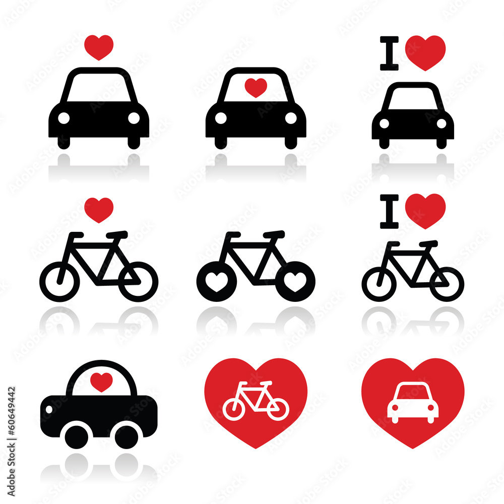Naklejka premium I love cars and bikes icons set