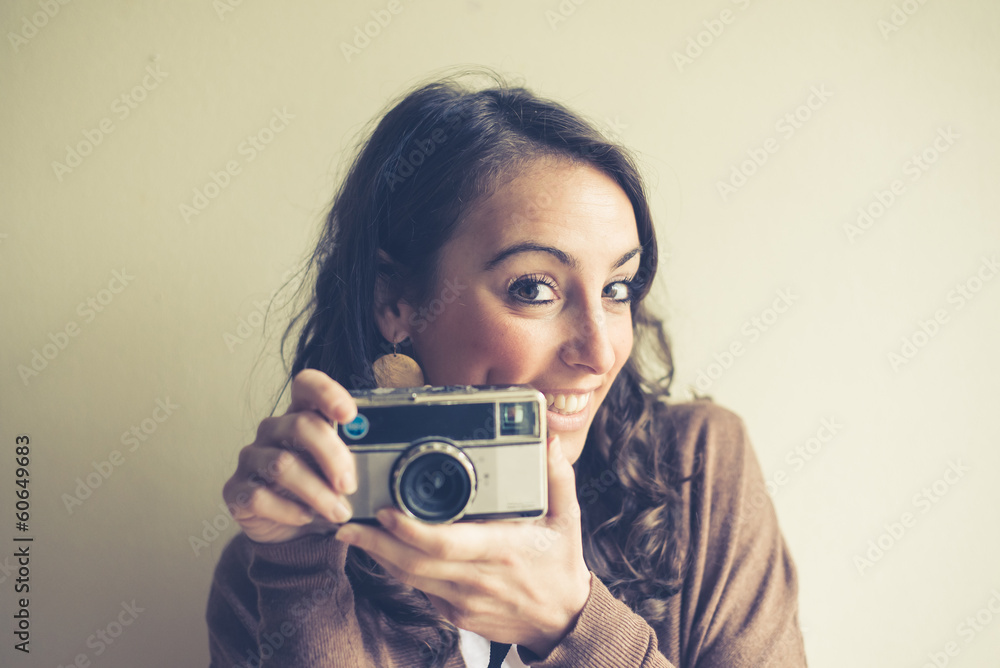 beautiful woman holding old camera beautiful woman holding old camera