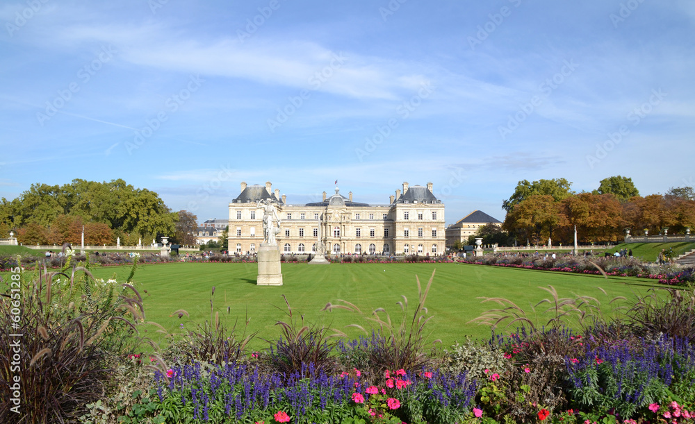 View of Luxembourg Palace and gardens in Paris, France