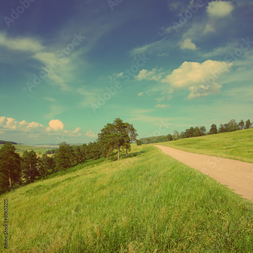 summer landscape with road - vintage retro style