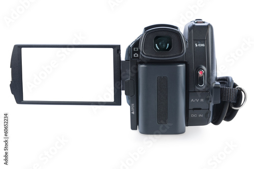 Fotografie Camcorder with open lcd display, isolated on white background. S