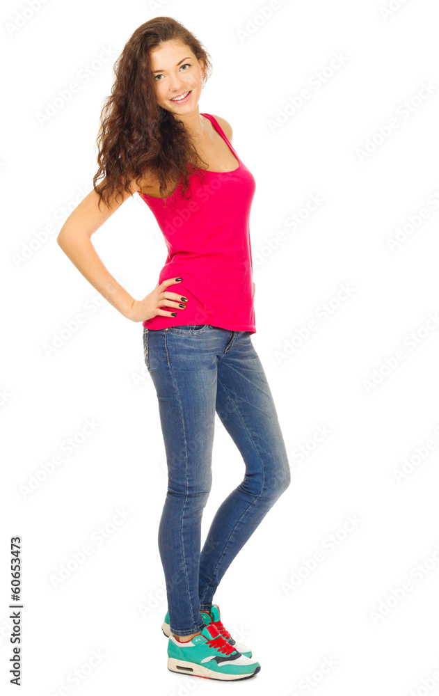 Young girl in red shirt and blue jeans Young girl in red shirt and blue jeans