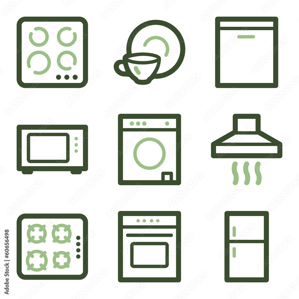 Home appliances icons, green line contour series Home appliances icons, green line contour series
