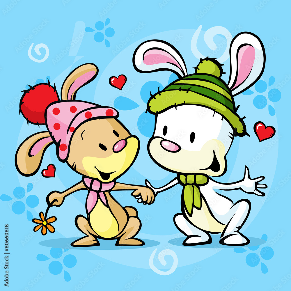 cute bunny in love on winter abstract background cute bunny in love on winter abstract background