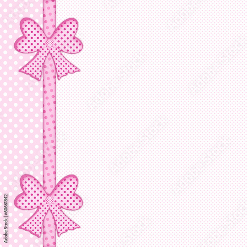 Baby pink polka dot background with gift bows and ribbon border