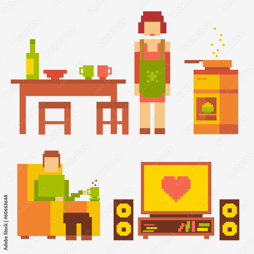 pixel illustration people in the kitchen and living room