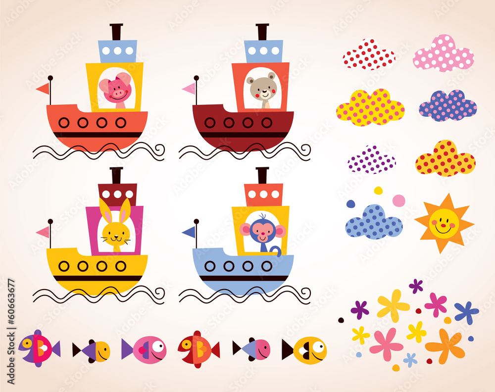 Obraz premium cute animals in boats kids design elements set
