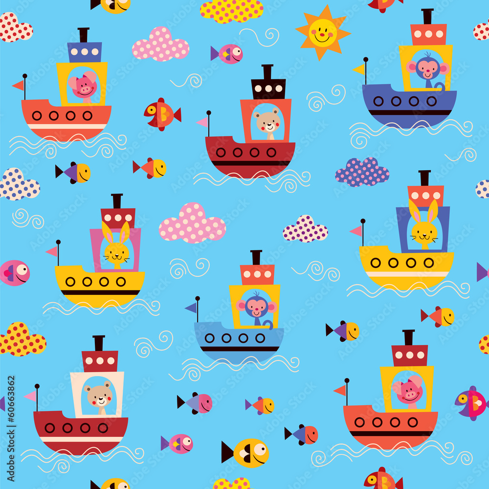 Obraz premium cute animals in boats kids sea pattern