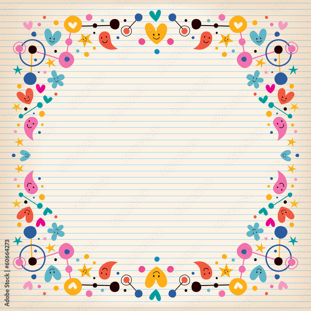 Hearts, dots, flowers and stars funky note paper frame border Hearts, dots, flowers and stars funky note paper frame border