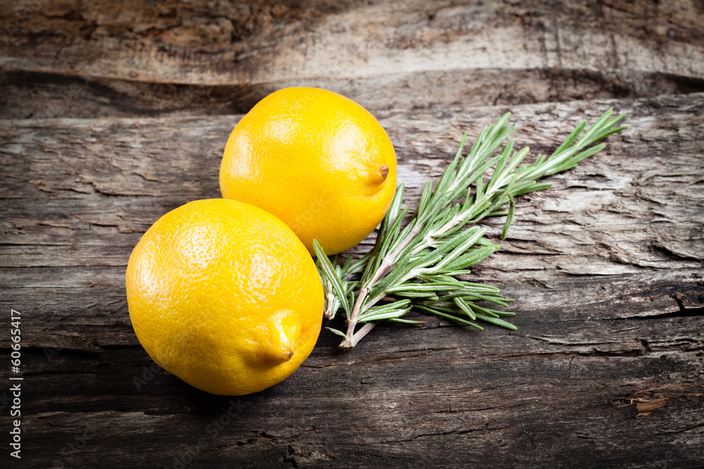Lemon. Fruits with rosemary Organic food