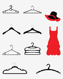 Black silhouettes of hangers and  illustration of dress and hat
