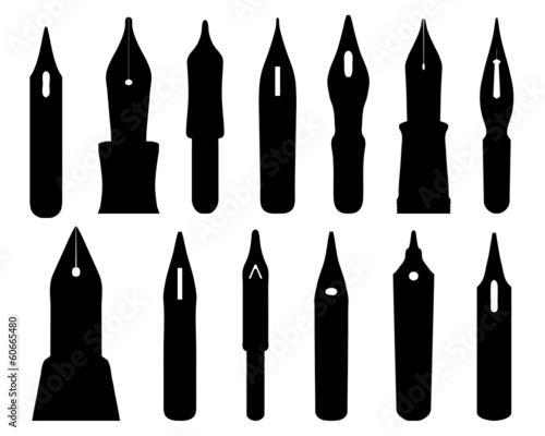 Silhouettes and shadows of old ink pen nibs, vector