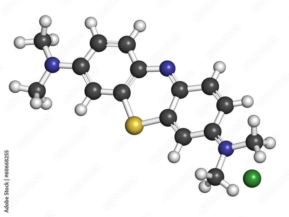 Methylene blue (methylthionium chloride) dye molecule. Methylene blue (methylthionium chloride) dye molecule.