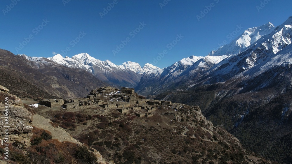Old village and high mountains of the Annapurna Range