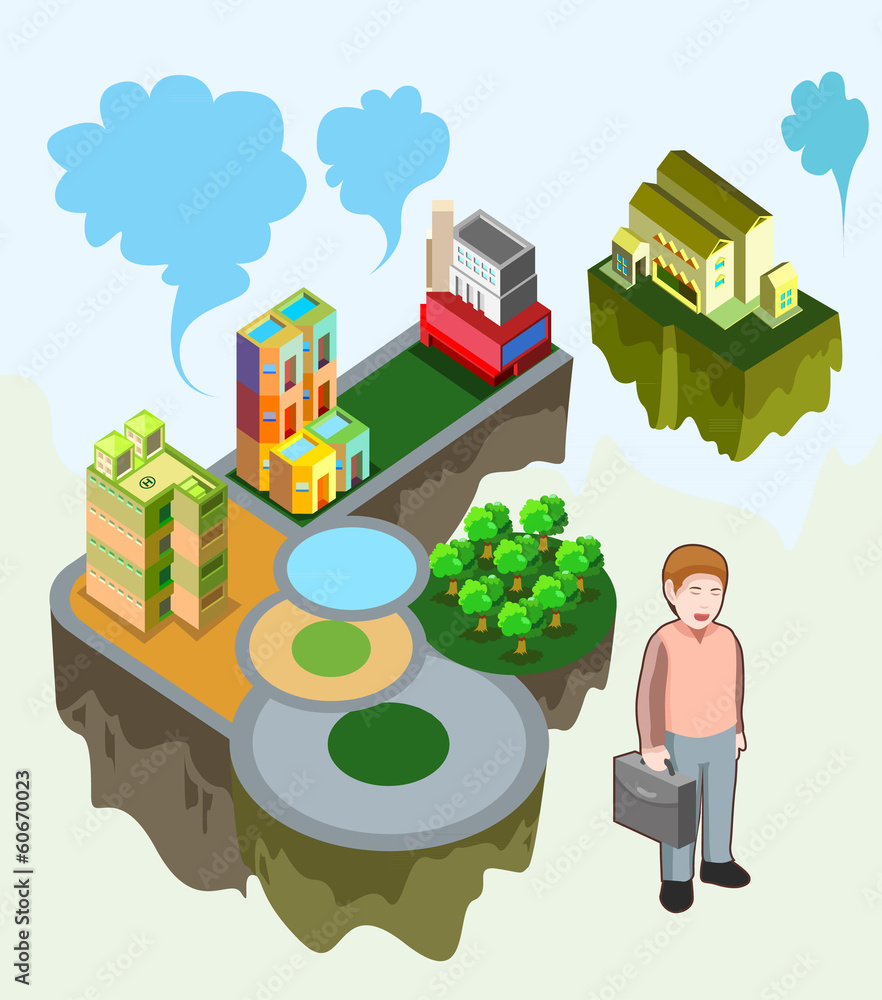 isometric of building and people on island