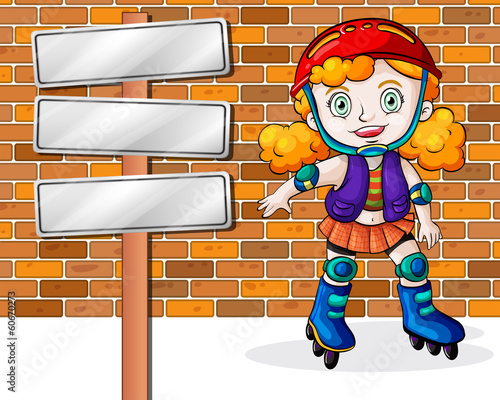 A girl rollerskating beside the empty signages