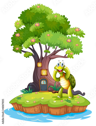 An island with a big tree and a turtle