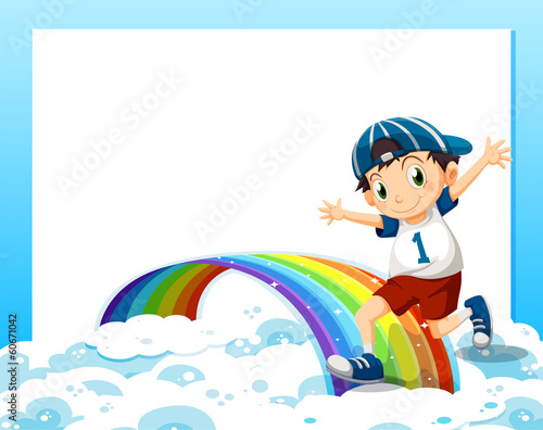An empty template with a boy playing above the clouds and the ra