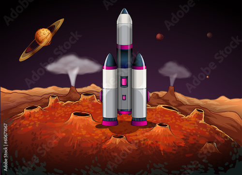 A rocket at the outerspace with planets