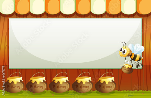 An empty template with a bee and pots of honey