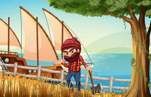 A lumberjack standing at the riverbank with a wooden ship