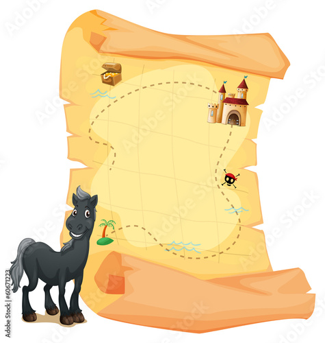 A treasure map and a gray horse