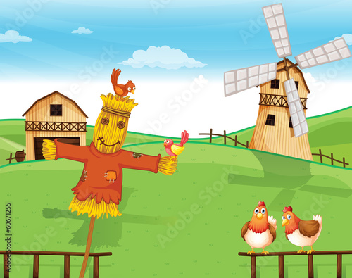 A farm with a scarecrow