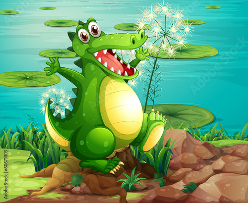 A crocodile above the stump near the pond