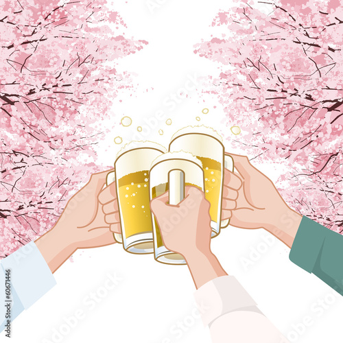 桜 飲み会　Toasting with beer under  Cherry blossoms trees