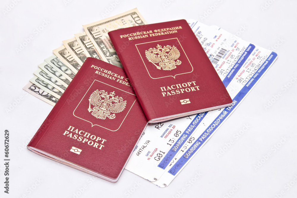 International passport, cash and tickets on airplane International passport, cash and tickets on airplane