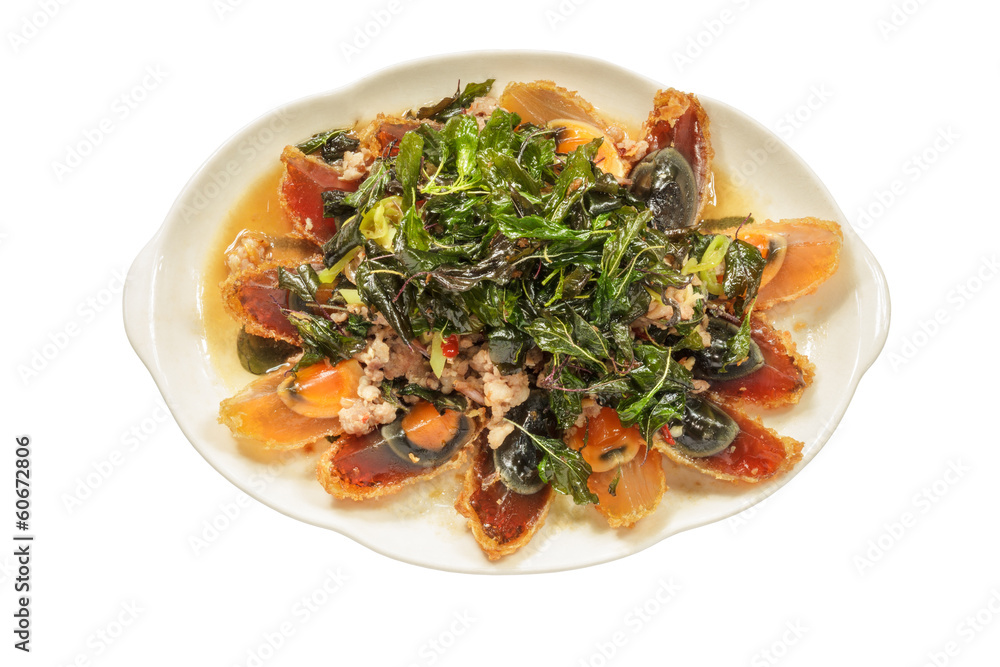 Thai food Thai spicy food,preserved egg fried with basil isolate Thai food Thai spicy food,preserved egg fried with basil isolate