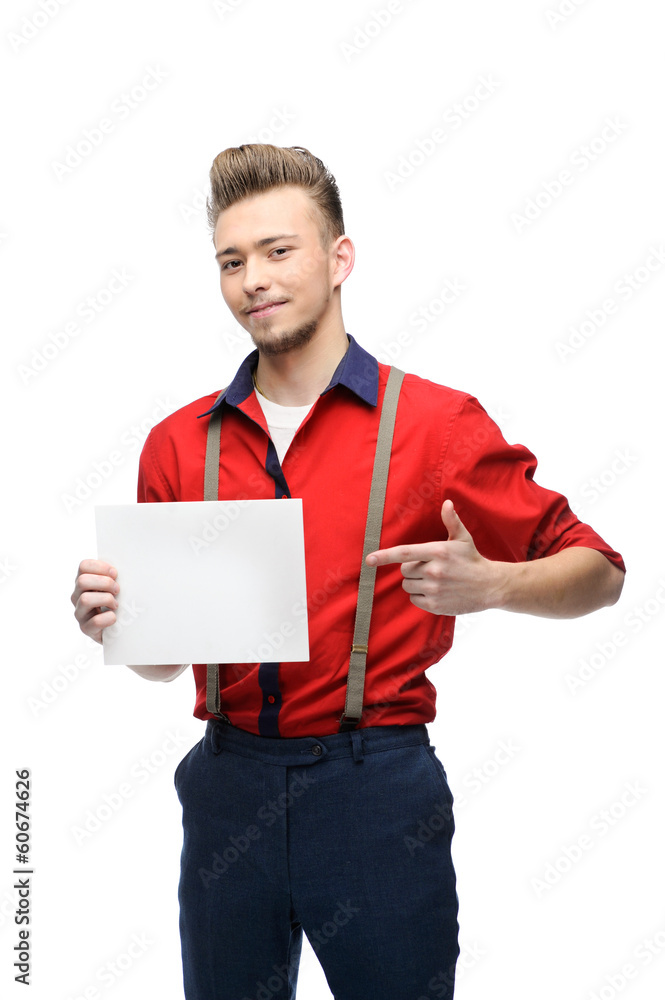 cheerful retro man holding sign cheerful retro man holding sign