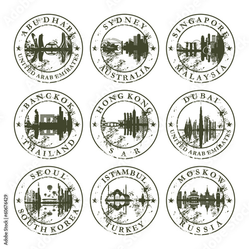 Grunge rubber stamps with Abu Dhabi, Sydney, Singapore, Bangkok,