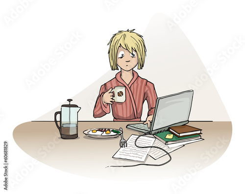 early morning work with breakfast and coffee