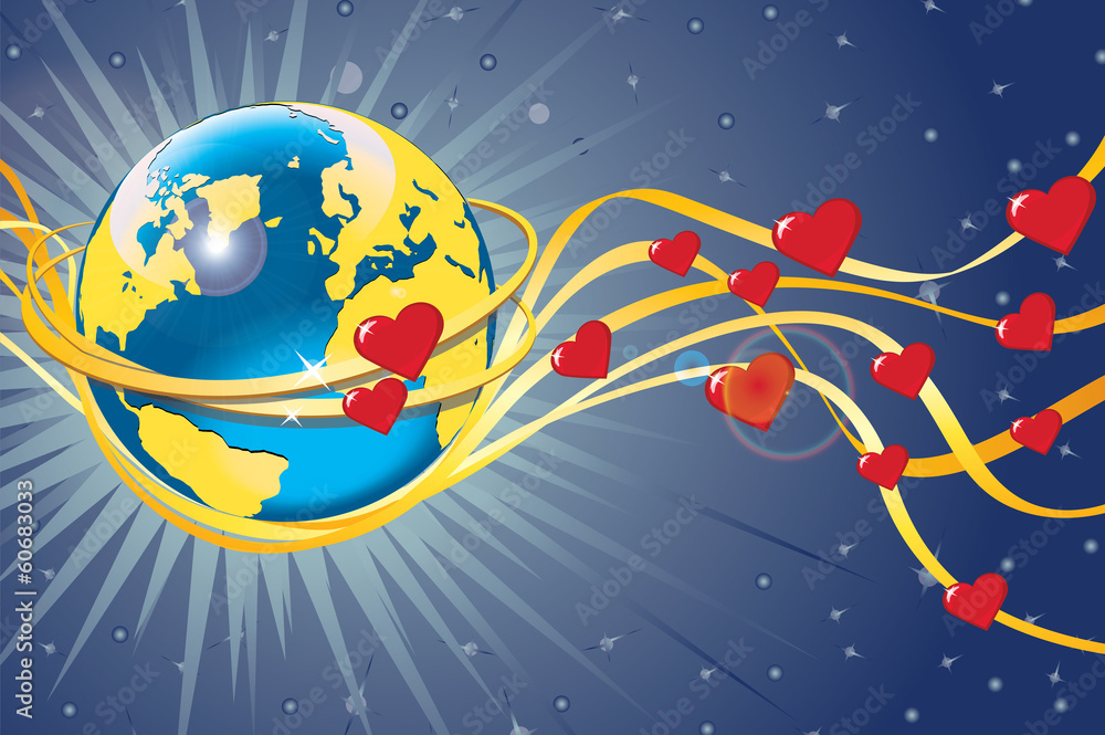 Fototapeta premium Planet Earth in wedding rings and hearts.View from space