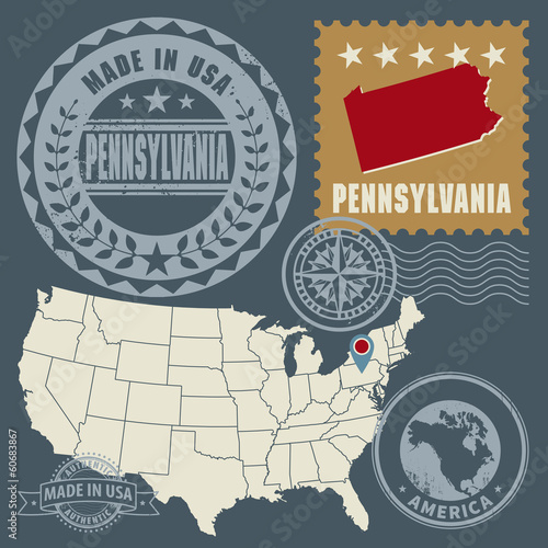 Abstract post stamps set Pennsylvania, USA, vector illustration