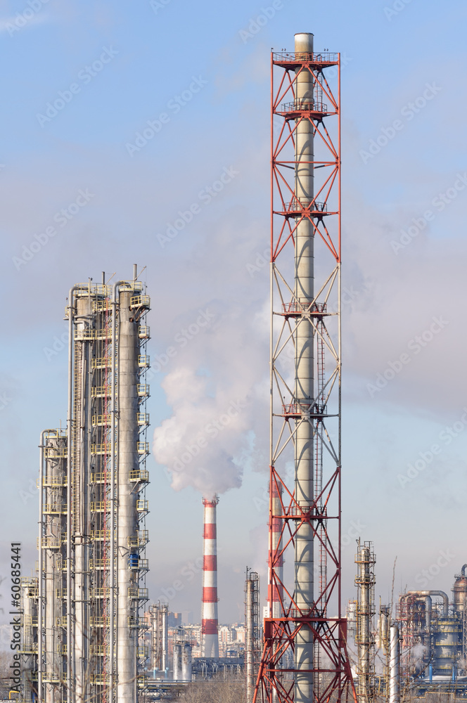 Pipes of an Oil refinery in the city of Moscow in winter