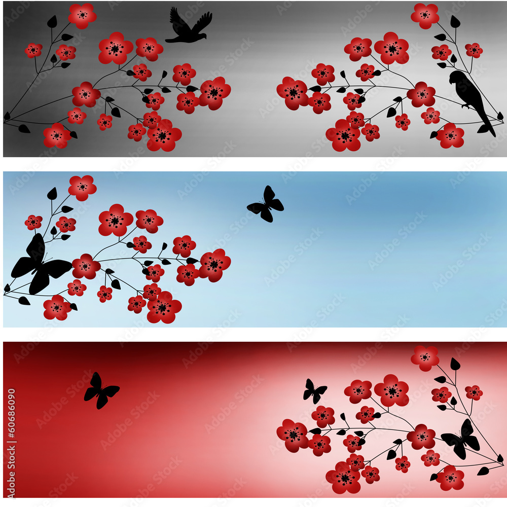 Summer set banners with red flowers and butterflies Summer set banners with red flowers and butterflies