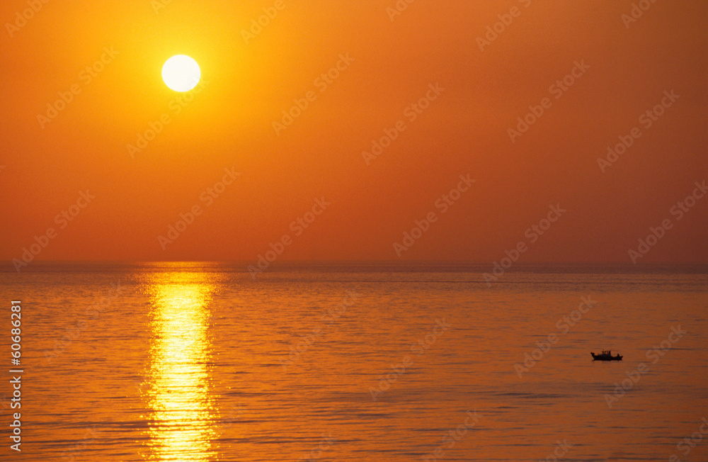 Orange sunset on sea in Turkey